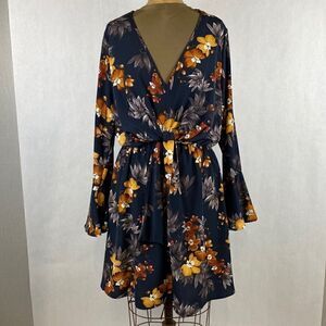 NWT Moderato Floral Dress Size Large V-Neck Bell Sleeve Navy Blue Fall Colors